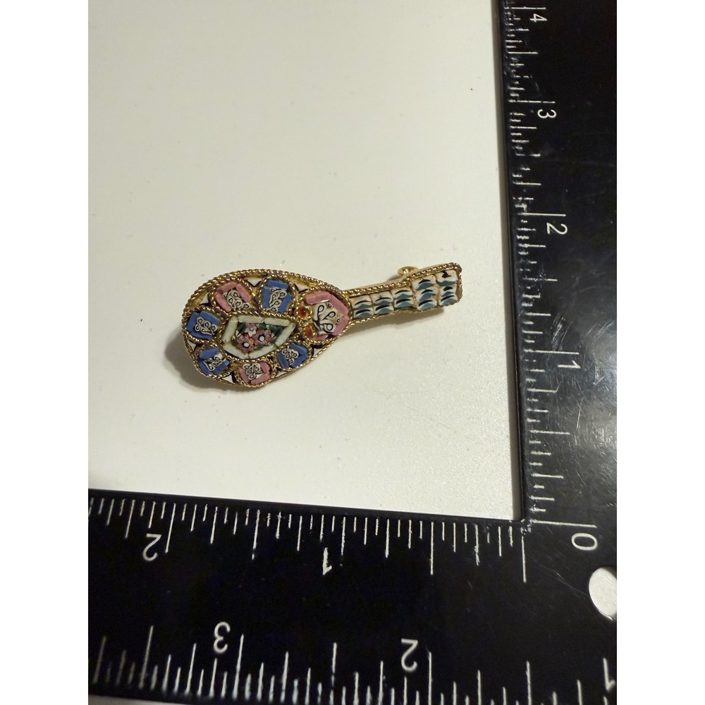 Vintage Italian Micro Mosaic Mandolin Brooch‎ Lute Musical Instrument Gold Tone